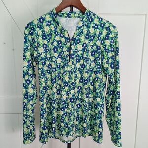 Dona Jo Floral Long-Sleeve Tunic Top in Blue & Green Size L